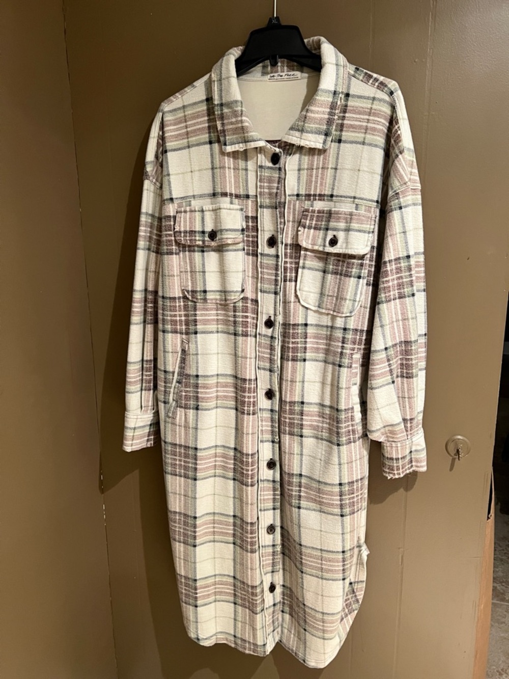 We theFree Long Plaid Ruby Shacket in Cream and Brown Combo Sz M